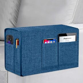 Joywell Linen Armrest Covers for Living Room Anti-Slip Sofa Arm Protector for Dogs, Cats, Pets Armchair Slipcover for Recliner with 4 Pockets for TV Remote Control, Phone, Set of 1, Classic Blue in Kuwait