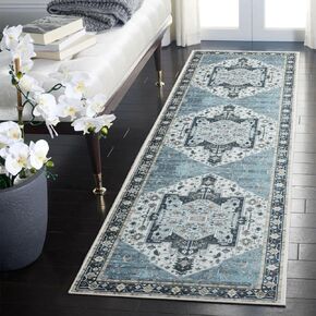 Carvapet Vintage Thin Runner Small Area Rug Stain Resistant & Machine Washable Home Decor for Bedroom, Hallway, Dining Room, Living Room, and Entryway,2X 3,Blue & Sage