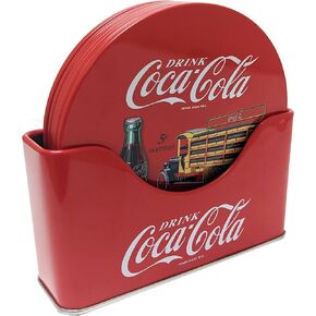 The Tin Box Company Coke 6 pc Coaster Set with Standing Metal Holder, Red