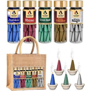 The Aroma Factory Organic Dhoop Cones | Lavender, Oudh, Kasutri Musk, White Sage & Fresh Active Incense Cones |No Charcoal, Scented Incense | 5x30 Cones, Pack of 5 Jute Bag Giftset