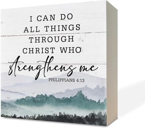 Christian Wood Signs, Bible Verse Philippians 4:13 - I Can Do All Things Through Christ Who Strengthens Me, Box Sign Decor Tabletop, Inspirational Home Desk Decor, Motivational Gift for Friends Family in Saudi Arabia