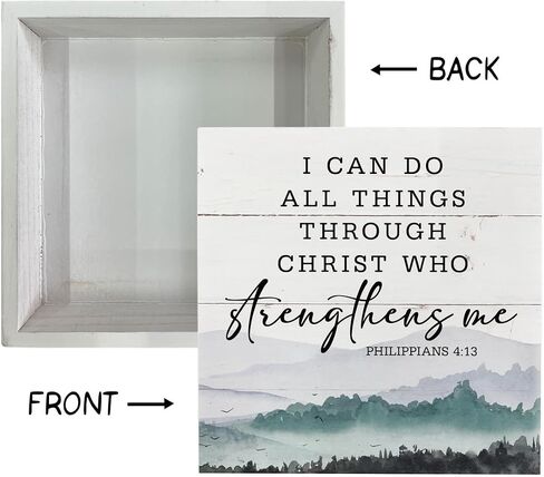 Christian Wood Signs, Bible Verse Philippians 4:13 - I Can Do All Things Through Christ Who Strengthens Me, Box Sign Decor Tabletop, Inspirational Home Desk Decor, Motivational Gift for Friends Family in Saudi Arabia