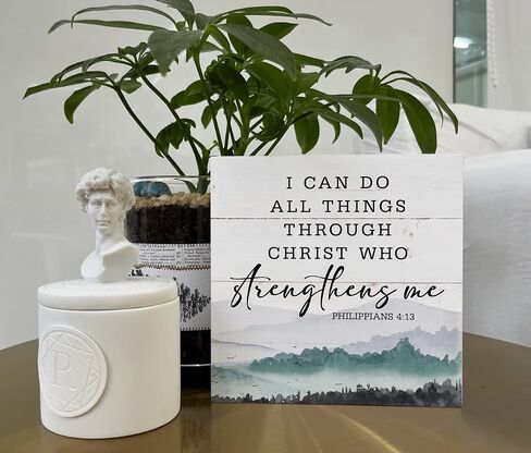 Christian Wood Signs, Bible Verse Philippians 4:13 - I Can Do All Things Through Christ Who Strengthens Me, Box Sign Decor Tabletop, Inspirational Home Desk Decor, Motivational Gift for Friends Family in Saudi Arabia