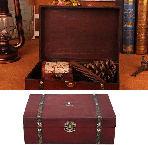 Treasure Box, Vintage Wooden Jewelry Storage Box with Metal Lock, Retro Antique Handmade Gift Case for Storing Pearl Chest, 8.5 x 5.7 x 2.6" in Saudi Arabia