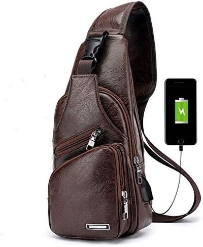 حقيبة JUMO CYLY الجلدية للرجال والنساء، حقيبة صدر ناعمة، حقيبة كتف مقاومة للماء، حقيبة ظهر صغيرة خفيفة الوزن مع منفذ شحن USB. (أسود صغير 2) in Kuwait