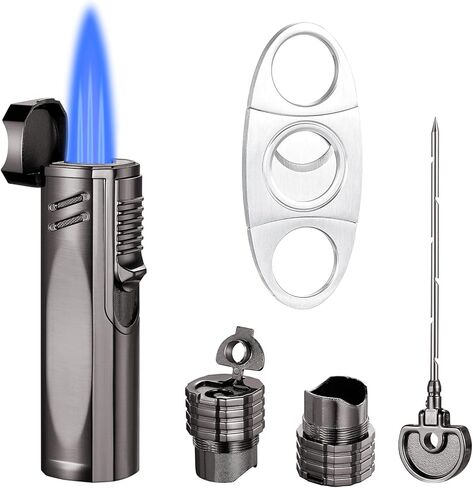 ولاعة شعلة السيجار، ولاعة نفاثة بوتان ثلاثية اللهب قابلة لاعادة الملء، اداة لتثقيب السيجار، محسن سحب السيجار، حامل سيجار، ولاعات الكل في واحد، قاطع سيجار، اكسسوارات سيجار، هدايا للرجال - الغاز غير in Kuwait