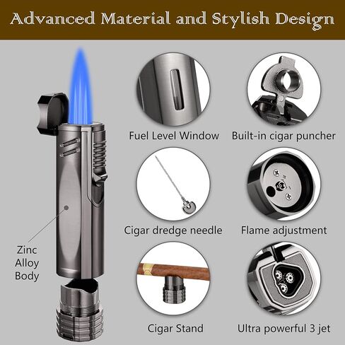 ولاعة شعلة السيجار، ولاعة نفاثة بوتان ثلاثية اللهب قابلة لاعادة الملء، اداة لتثقيب السيجار، محسن سحب السيجار، حامل سيجار، ولاعات الكل في واحد، قاطع سيجار، اكسسوارات سيجار، هدايا للرجال - الغاز غير in Kuwait