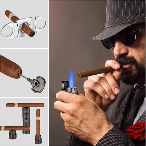 ولاعة شعلة السيجار، ولاعة نفاثة بوتان ثلاثية اللهب قابلة لاعادة الملء، اداة لتثقيب السيجار، محسن سحب السيجار، حامل سيجار، ولاعات الكل في واحد، قاطع سيجار، اكسسوارات سيجار، هدايا للرجال - الغاز غير in Kuwait