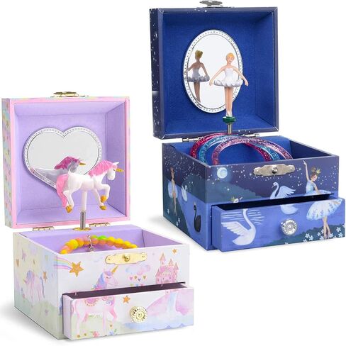 صندوق المجوهرات الموسيقية من جويل كيبر مع راقصة الباليه الدوارة، 4.25 × 4.75 × 3.5 بوصة، حزمة تصميم لامعة مع صندوق مجوهرات موسيقي مع تصميم يونيكورن جليتر قوس قزح والنجوم in Kuwait