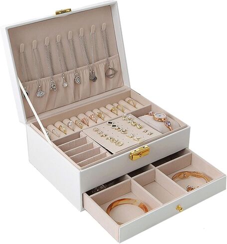 صندوق مجوهرات بقفل كبير بطبقة مزدوجة من Addong مصنوع من جلد البولي يوريثان، صندوق تزيين شبكي، صندوق تخزين المجوهرات، رف تخزين قلادة وحلقة الأذن (أبيض) in Kuwait