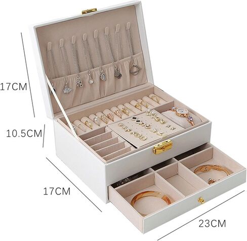 صندوق مجوهرات بقفل كبير بطبقة مزدوجة من Addong مصنوع من جلد البولي يوريثان، صندوق تزيين شبكي، صندوق تخزين المجوهرات، رف تخزين قلادة وحلقة الأذن (أبيض) in Kuwait