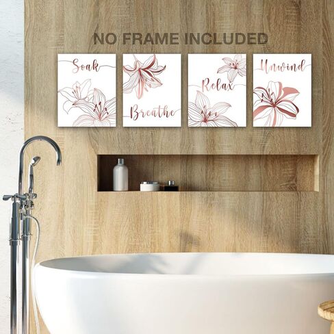 Unframed Relax Soak Unwind Breathe Bathroom Wall Decor - 8x10 inch Abstract Flowers Rose Gold Foil Print Bathroom Decor Wall Art, Set of 4 Flowers Wall Decor Art Prints for Bathroom Washroom Room Home in Kuwait