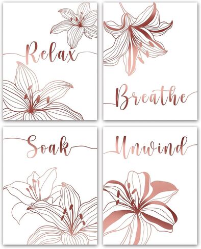 Unframed Relax Soak Unwind Breathe Bathroom Wall Decor - 8x10 inch Abstract Flowers Rose Gold Foil Print Bathroom Decor Wall Art, Set of 4 Flowers Wall Decor Art Prints for Bathroom Washroom Room Home in Kuwait