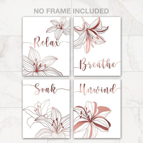 Unframed Relax Soak Unwind Breathe Bathroom Wall Decor - 8x10 inch Abstract Flowers Rose Gold Foil Print Bathroom Decor Wall Art, Set of 4 Flowers Wall Decor Art Prints for Bathroom Washroom Room Home in Kuwait