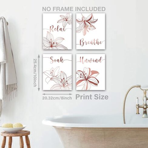Unframed Relax Soak Unwind Breathe Bathroom Wall Decor - 8x10 inch Abstract Flowers Rose Gold Foil Print Bathroom Decor Wall Art, Set of 4 Flowers Wall Decor Art Prints for Bathroom Washroom Room Home in Kuwait