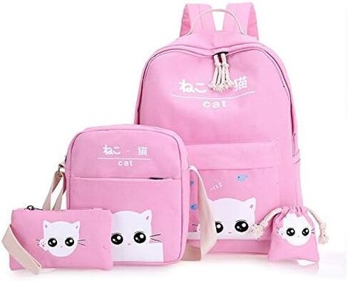 Cat Backpacks Set for Teenage Girls and Student Kitty Printing Bookbag Cute School Bags Teen Girls 4 pcs/set in Saudi Arabia