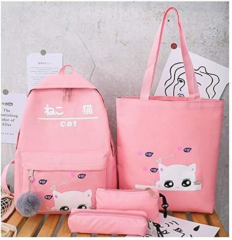 Cat Backpacks Set for Teenage Girls and Student Kitty Printing Bookbag Cute School Bags Teen Girls 4 pcs/set in Saudi Arabia