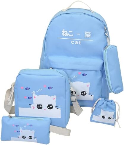Cat Backpacks Set for Teenage Girls and Student Kitty Printing Bookbag Cute School Bags Teen Girls 4 pcs/set in Saudi Arabia