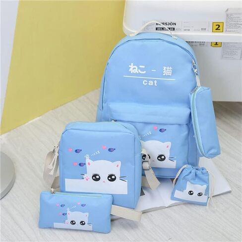 Cat Backpacks Set for Teenage Girls and Student Kitty Printing Bookbag Cute School Bags Teen Girls 4 pcs/set in Saudi Arabia