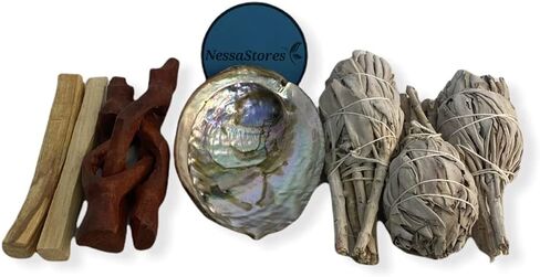 NESSASTORES - مجموعة التلطخ بحجم مناسب للسفر - صدفة أذن البحر 3"-4" + حامل خشبي 4" + 3 قطع من المريمية البيضاء 3"-4" + 2 قطعة Palo Santo #JC-210 (مجموعة واحدة) in Saudi Arabia