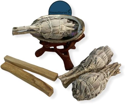 NESSASTORES - مجموعة التلطخ بحجم مناسب للسفر - صدفة أذن البحر 3"-4" + حامل خشبي 4" + 3 قطع من المريمية البيضاء 3"-4" + 2 قطعة Palo Santo #JC-210 (مجموعة واحدة) in Saudi Arabia