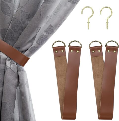 ستائر جلدية Tiebacks Vintage Tiebacks للستائر الخارجية سحب الظهر مع 2 خطاف معدني ستائر للمكتب وغرفة المعيشة وغرفة النوم 2 قطعة (عريض، بني داكن) in Saudi Arabia
