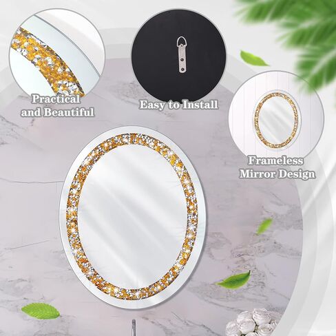 Kigley Oval Crystal Wall Mirror Gold Crushed Diamond Bathroom Mirror 20 x 16 Inch Decorative Mirror Frameless Glam Bling Vanity Mirror for Home Wall Decor Bedroom Living Room Entryway in Saudi Arabia