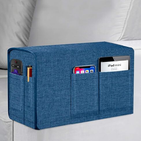 Joywell Linen Armrest Covers for Living Room Anti-Slip Sofa Arm Protector for Dogs, Cats, Pets Armchair Slipcover for Recliner with 4 Pockets for TV Remote Control, Phone, Set of 1, Classic Blue in Kuwait