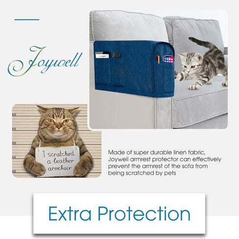 Joywell Linen Armrest Covers for Living Room Anti-Slip Sofa Arm Protector for Dogs, Cats, Pets Armchair Slipcover for Recliner with 4 Pockets for TV Remote Control, Phone, Set of 1, Classic Blue in Kuwait
