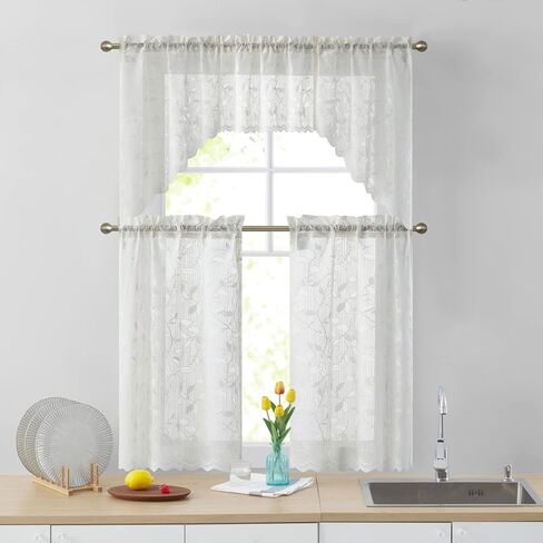 ستارة مطبخ شفافة من HLC.ME Joyce Lace - جيب قضيب للنوافذ الصغيرة والحمام والمطبخ - 54 عرض × 18 لتر (رمادي كتان، ستارة واحدة) in Kuwait