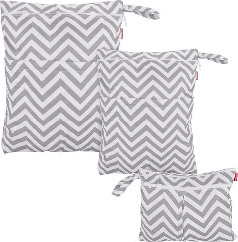 Damero 3pcs Travel Wet and Dry Bag Organizer with Handle for Cloth Diaper, Pumping Parts, Swimsuit and More, Easy to Grab and Go, Gray Chevron in Kuwait