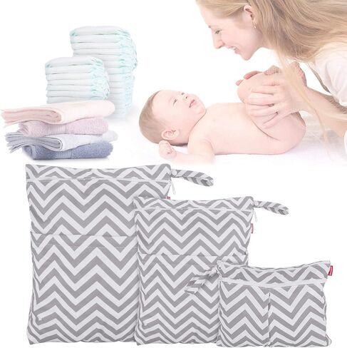 Damero 3pcs Travel Wet and Dry Bag Organizer with Handle for Cloth Diaper, Pumping Parts, Swimsuit and More, Easy to Grab and Go, Gray Chevron in Kuwait