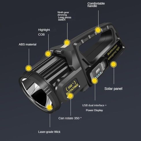 1300000 Lumens Spotlight, Rechargeable Led Spotlight Flashlight with 350° Rotate Head, 9 Modes Super Bright Spot Lights Outdoor Handheld, IPX6 Waterproof Solar Flashlight for Emergencies in Kuwait