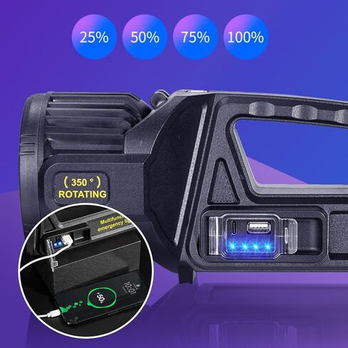 1300000 Lumens Spotlight, Rechargeable Led Spotlight Flashlight with 350° Rotate Head, 9 Modes Super Bright Spot Lights Outdoor Handheld, IPX6 Waterproof Solar Flashlight for Emergencies in Kuwait