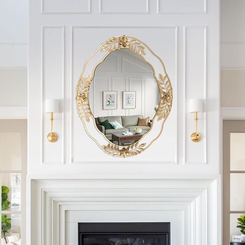 مرايا Fobule الذهبية للجدار، مرآة زخرفية بإطار معدني بيضاوي مقاس 22 بوصة × 29 بوصة، مرآة زينة معلقة مزخرفة بالزهور أنيقة لمضمد الملابس والحمام والرف والمدخل in Kuwait