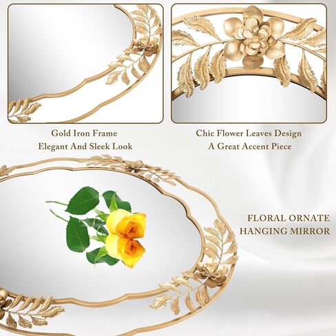 مرايا Fobule الذهبية للجدار، مرآة زخرفية بإطار معدني بيضاوي مقاس 22 بوصة × 29 بوصة، مرآة زينة معلقة مزخرفة بالزهور أنيقة لمضمد الملابس والحمام والرف والمدخل in Kuwait