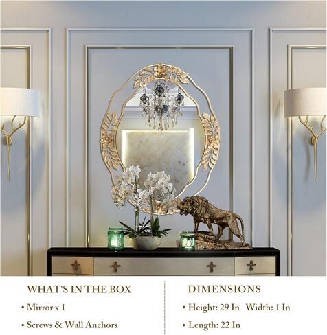 مرايا Fobule الذهبية للجدار، مرآة زخرفية بإطار معدني بيضاوي مقاس 22 بوصة × 29 بوصة، مرآة زينة معلقة مزخرفة بالزهور أنيقة لمضمد الملابس والحمام والرف والمدخل in Kuwait