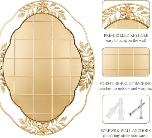 مرايا Fobule الذهبية للجدار، مرآة زخرفية بإطار معدني بيضاوي مقاس 22 بوصة × 29 بوصة، مرآة زينة معلقة مزخرفة بالزهور أنيقة لمضمد الملابس والحمام والرف والمدخل in Kuwait