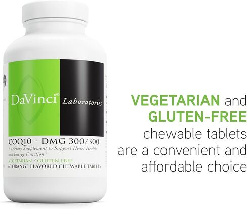 DAVINCI Labs CoQ10 - DMG 300/300 - Supports Heart Health and Energy Function* - Dietary Supplement with Coenzyme Q10 & Vitamin E - Vegetarian - Gluten-Free - 60 Orange Flavored Chewable Tablets in Saudi Arabia
