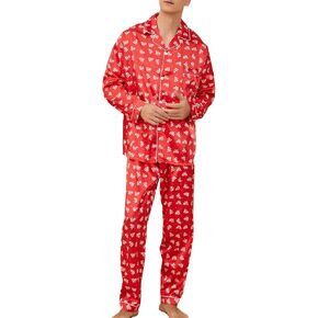 FENTENG طقم بيجامات رجالي من الساتان بأكمام طويلة طقم ملابس نوم حريري بأزرار سفلية مع سروال طويل ناعم 2 قطعة طقم صالة in Kuwait