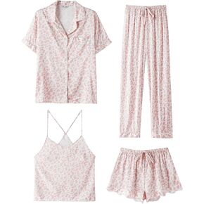 SAPJON Silk Pajamas for Women Set 4Pcs Ruffled Satin Pajamas Set Button Down Short Sleeve Cami Shorts Sleepwear Pj Set in Saudi Arabia
