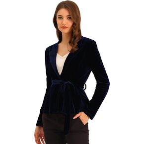 Allegra K Women's Work Office Velvet Belted Lapel Collar Blazer Jacket
