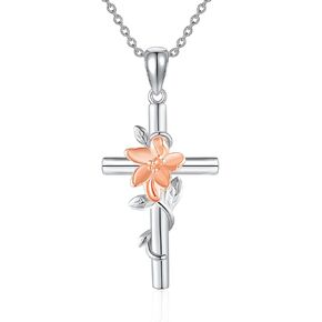JERWLI Flower Cross Necklace 925 Sterling Silver Carnation/Rose/Lily/Daisy Cross Necklace Birth Flower Jewelry for Women Girls