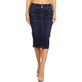 Womens Plus/Juniors Mid Waist Below Knee Length Denim Skirt in Pencil Silhouette