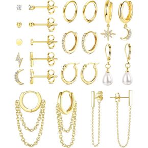 FASACCO Earring Set for Multiple Piercing 18K Gold Plated Chain Earrings Gold Earrings Set Stud Hoop Earrings Set Moon and Star Pearl Dangle Earrings in Kuwait