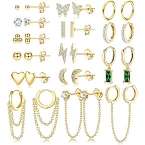 LOYALLOOK 29Pcs 14K Gold Plated Studs Earrings and Hoops Set for Women Huggie Hoop Studs Earrings Set Dainty Minimalist Moon Heart Butterfly CZ Ball Small Dangle Chain Hoop Earrings Set for Multiple Piercing