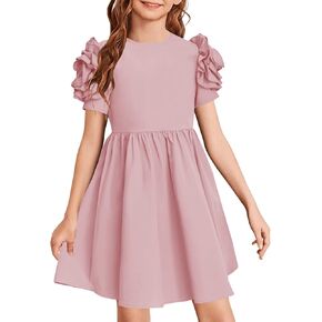 YOVION Girls Summer Dress Elegant Puff Short Sleeve Crew Neck Casual A-line Sundress for 6-13Y