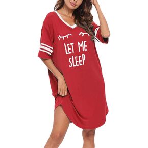 Sleep Shirts for Women Short Sleeve Cotton Novelty Night Shirts V Neck Oversized Nightgowns Cute Printed Nightdress