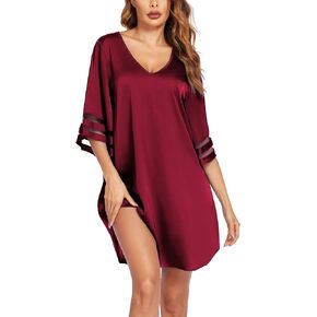 Ekouaer Silk Nightgown for Women 3/4 Sleeves Satin Sleep Shirt V Neck Knee Length Sleep Dress