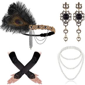 Cizoe 1920s Gatsby Accessories Set for Women Flapper Headband 20s Headpiece Necklace Gloves (set10)